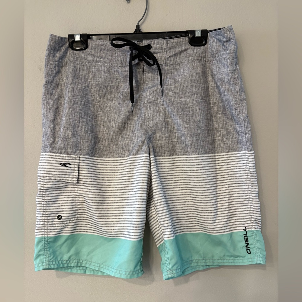 O'Neill Men's Size 32 Gray, White & Aqua Colorblock Swim Shorts